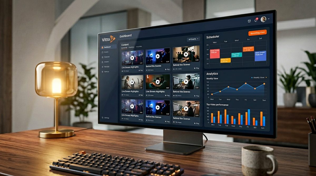 Dashboard web do Vitto.Tv gerenciando conteúdos em múltiplas telas