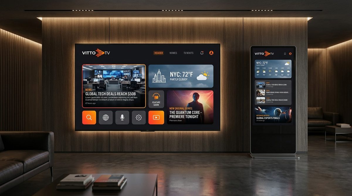 Vitto.Tv exibido em TV e totem digital em ambiente moderno